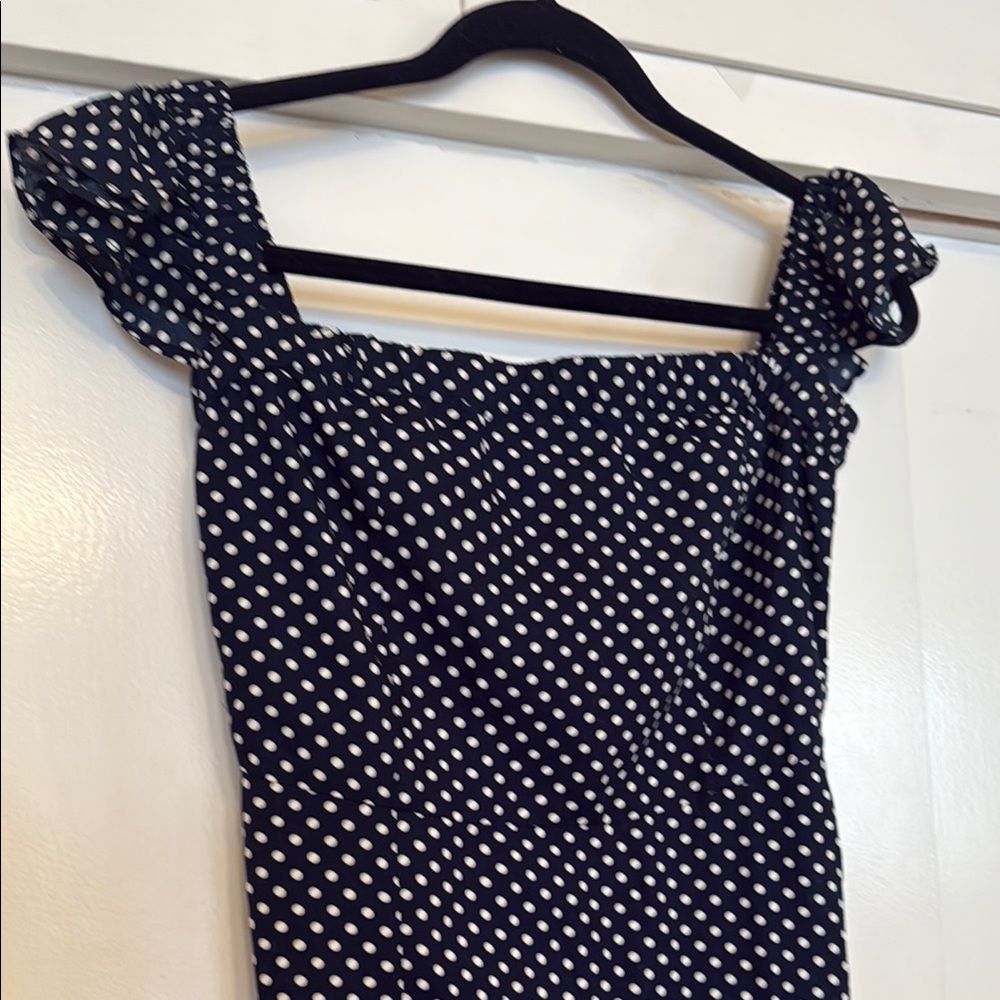 LULUS, Dream Love Navy Blue Polka Dot Off-the-Shoulder Maxi Dress - Picture 6 of 11
